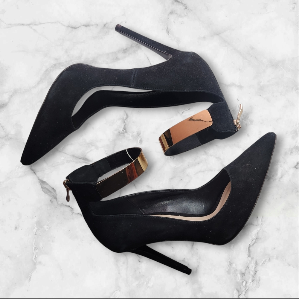 NWT Zara Black Suede Gold Ankle Cuff Stiletto High Heel w/ Zip Closure Size 7.5